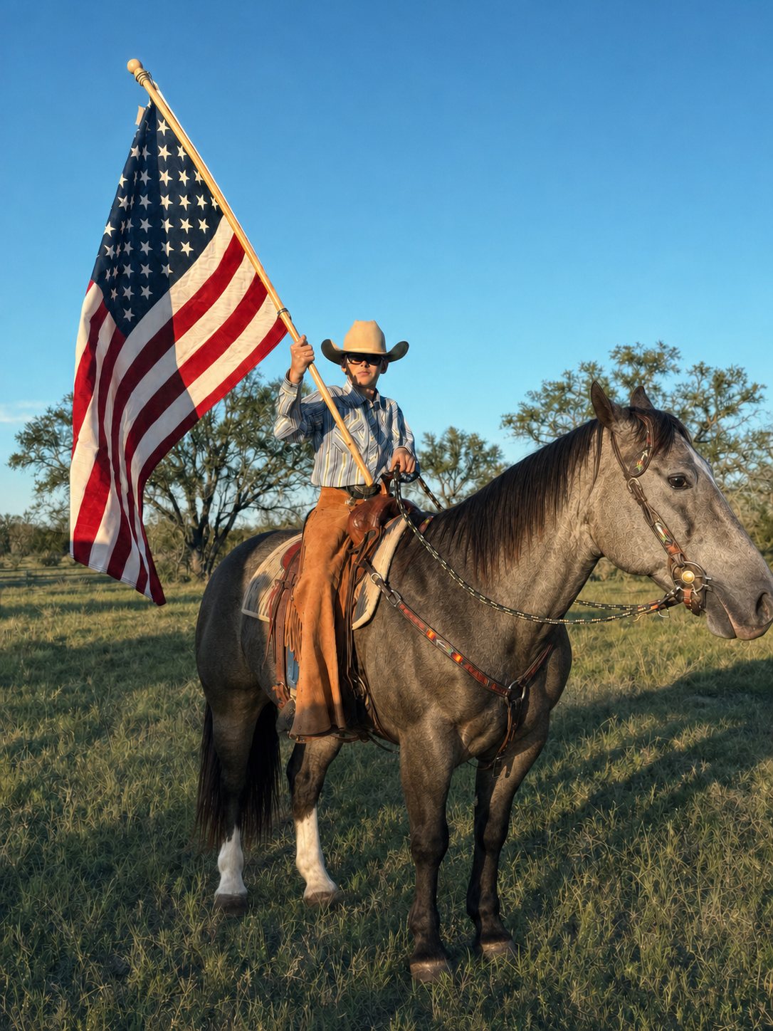 Young rider carrying the American flag on horseback at the 4Crosses ranch